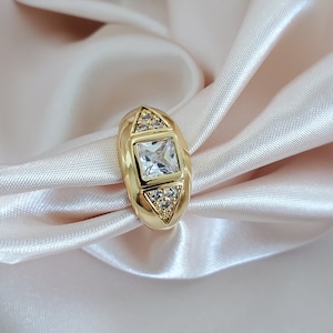 Gold Chunky Dome Ring - Cubic Zirconia - Statement Square CZ  Ring - Stackable - Bezel Dome Ring - Minimalist - Gold Band - Signet Ring