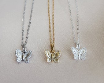 Butterfly Pendant Necklace Gold - Cubic Zirconia Silver Necklace - Choker - Butterfly Necklace - Dainty Chain - Minimal - Adjustable Length