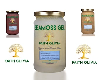 Puede incluir: Un tarro de vidrio transparente con tapa dorada lleno de un gel de color claro. El tarro tiene una etiqueta que dice "Seamoss Gel" y "Faith Olivia Healthy Living Vegan and Gluten Free". La etiqueta también enumera los beneficios del gel de seamoss, que incluyen 92 minerales, nutrir la piel, aumentar la inmunidad, mejorar la salud respiratoria y mejorar los niveles de energía. El tarro está sobre una superficie blanca.