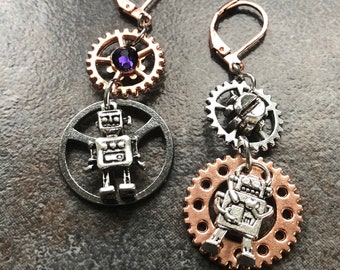 Mismatched Robot Cogwheel Earrings: Mixed Metal Steampunk Dangler