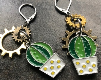 Steampunk Cactus Earrings: Enamel Cactus, Brass Cogwheels