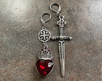 King Arthur’s Sacred Sword/Queen Guinevere/Ruby red Excalibur/ Lancelot/Mismatched fantasy stainless steel leverback earrings