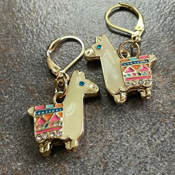 Adorable colorfully decorated 3D encrusted party animal Llama/Alpaca stainless steel light yellow gold leverback earrings