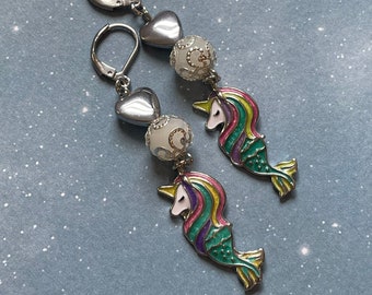 Rainbow Mermaid Unicorn Earrings: Pearled Pastel Stainless Steel Leverbacks