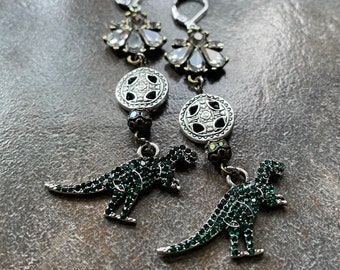 Jurassic Park/World Embellished Green Tyrannosaurus Rex baroque crystal/mixed metals/Ancient Totem Stainless Steel lever Back Earrings