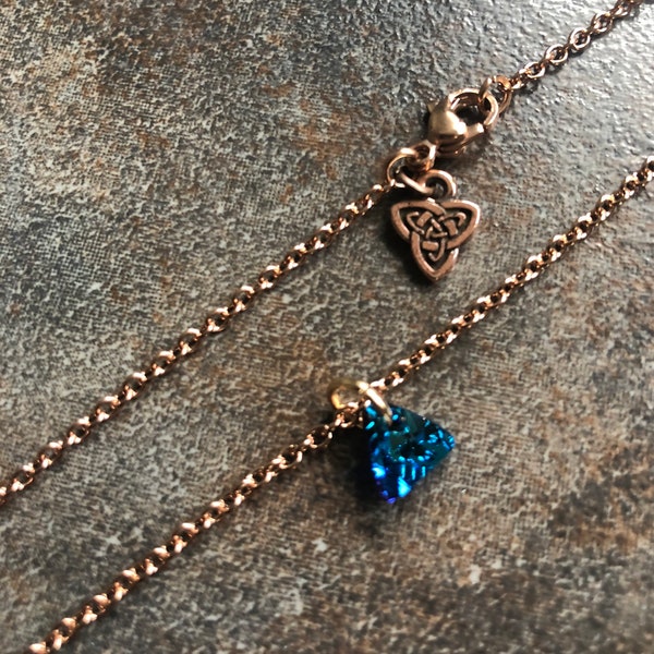 Gorgeous blue Swarovski crystal pyramid pendant with Celtic knot detail Rose gold stainless steel necklace