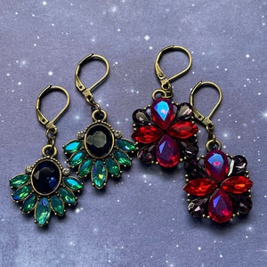 Gorgeous chunky bright crystal cluster vintage classic Ruby red & purple or iridescent teal and dark navy Baroque bronze leverback earrings