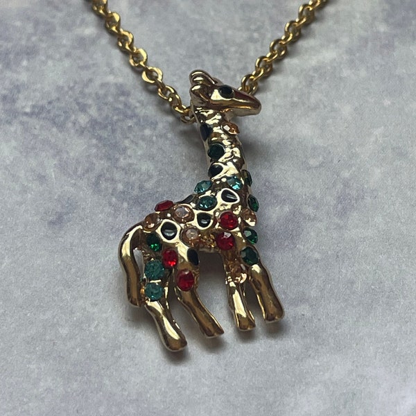 Gorgeous Gold Crystal Encrusted majestic savanna wanderer long neck colorfully spotted Giraffe pendant on 18” stainless steel gold box chain