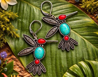 hummingbird earrings or pendant vintage  boho turquoise stainless steel leverbacks or necklace