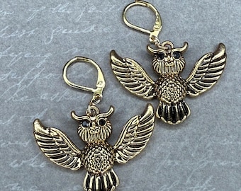 Nocturnal Flight horned night Owl Earrings expanded wings stainless steel gold leverbacks spiritual jewelry