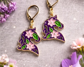 Horse earrings, majestic purple floral gold stainless steel leverbacks stallion jewelry