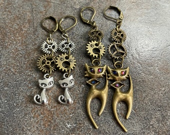 Steampunk Cat Earrings: Mixed Metal Gear Dangle Earrings