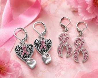 Pink ribbon filigree heart vintage style earrings breast cancer awareness jewelry stainless steel leverbacks