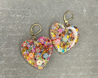 Floral heart sparkly star burst earrings stainless steel gold leverbacks vintage style epoxy unique detailing
