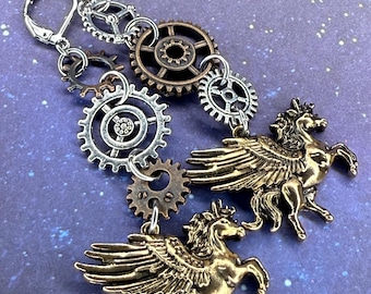 steampunk Pegasus in flight mixed metal stainless steel leverback earrings