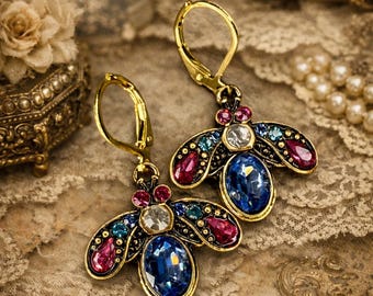 Victorian Bee Earrings Sapphire Blue & Pink Crystal elegant Drops Vintage Inspired Gold Leverback Jewelry