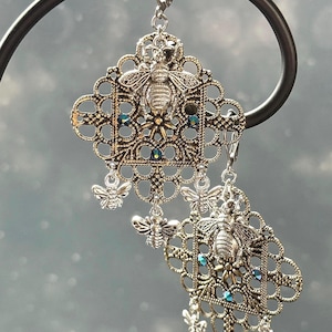 antique silver queen Honey bee wGold Beehive diamond shaped filigree mandala stainless steel leverback earrings w/Swarovski crystal accents