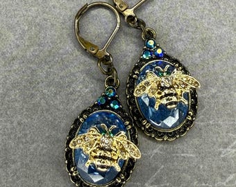vintage Bee Bronze earrings, blue crystal cluster with  gold detailing