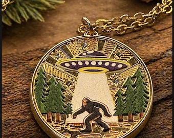 Bigfoot Abduction Gold Pendant, UFO Alien Statement Necklace