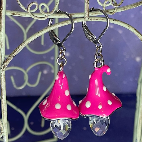 Absolutely Perfect Pink Mushroom Fairy Sprite Core Fantasy Forest Fungi fanatical forest fantasy forest stainless steel leverback earrings