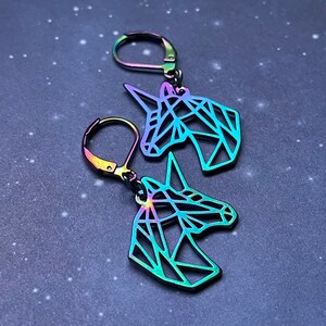 Super adorable laser cut origami style electroplated Crome rainbow unicorn cameo mirror image holographic stainless steel leverback earrings
