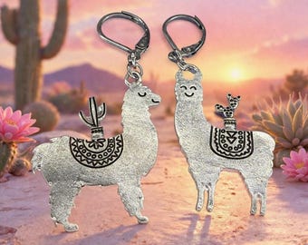 Alpaca Besties earrings antique brushed silver stainless steel leverbacks cactus detailing