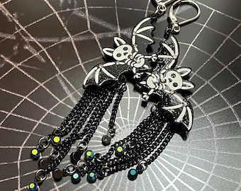 Iridescent Bat Skull Earrings: Stainless Steel Halloween Jewelry