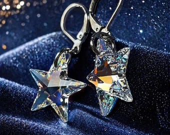 Swarovski Crystal Star Earrings: Iridescent Stainless Steel Leverback