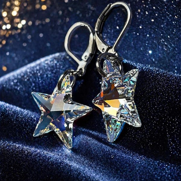 Swarovski Crystal Star Earrings: Iridescent Stainless Steel Leverback