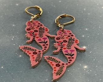 Floral Mermaid Earrings, Pink Vine Design, Gold Leverback