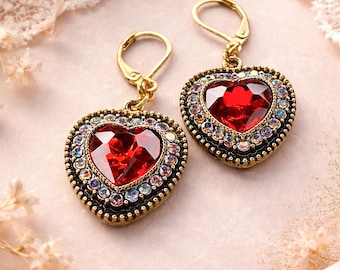 Queen of hearts ruby red earrings vintage style love timeless stainless steel gold leverbacks