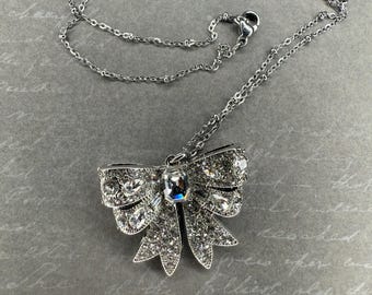 Ribbon Bow vintage style clear crystal cluster statement pendant necklace stainless steel accented chain
