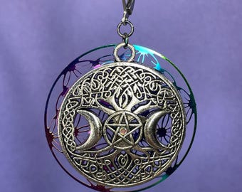 Triple Moon Goddess Earrings: Celtic Tree of Life, Rainbow Mandala