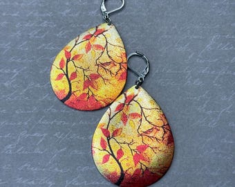 Autumn Teardrop Earrings: Falling Leaves, Bare Tree, Bird