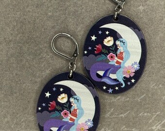 midnight mermaid crescent moon earrings  stainless steel leverback vintage style
