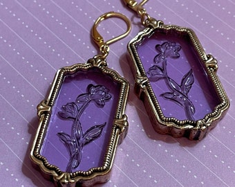 Belle of the ball etched violet purple Victorian glass window solid single rose vintage gold stainless steel leverback earrings or pendant
