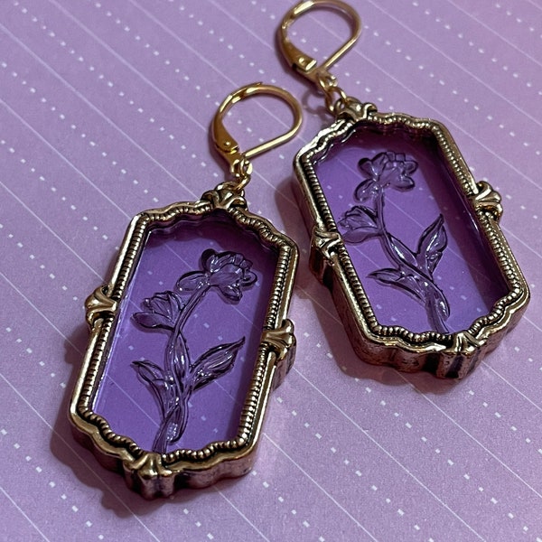 Belle of the ball etched violet purple Victorian glass window solid single rose vintage gold stainless steel leverback earrings or pendant