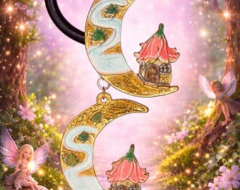 crescent moon river mountainside floral fairy cottage core earrings stainless steel leverback style vintage gold