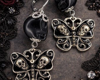 Butterfly skull earrings stainless steel leverbacks vintage silver gothic jewelry