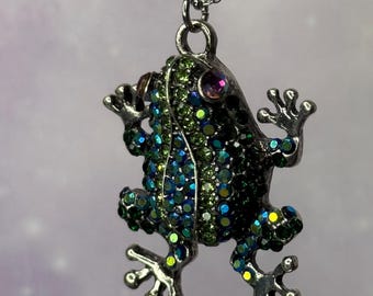 Crystal Encrusted Frog Pendant, Aquatic Prince, 18” Stainless Steel Chain