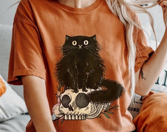 Halloween Cat Shirt, Comfort Colors, skull shirt, Black Cat Shirt, Gifts For Cat Lovers, Halloween gift, Cat Lady Gift, skeleton shirt witch