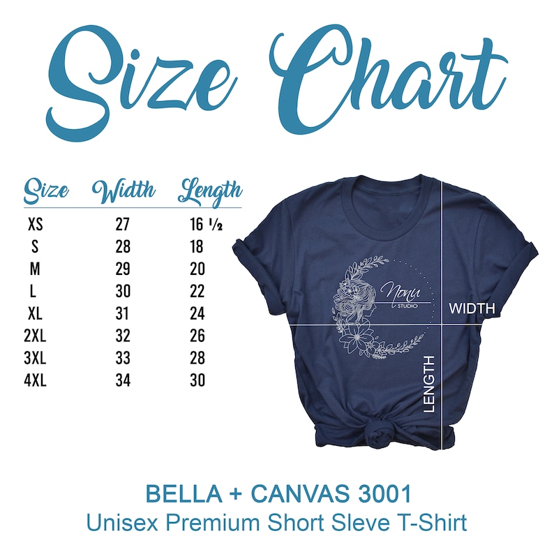 K&ouml;nnte beinhalten: Gr&ouml;&szlig;entabelle f&uuml;r ein Unisex Bella + Canvas 3001 T-Shirt mit kurzen &Auml;rmeln. Die Tabelle zeigt die Breite und L&auml;nge in Zoll f&uuml;r die Gr&ouml;&szlig;en XS bis 4XL.