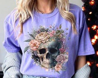 Floral Skull Shirt, Comfort Colors Halloween Flowers, Bloom Skull Boho, Womens Fall Shirt, Flower Skeleton TShirt, Gothic Skeleton shirts
