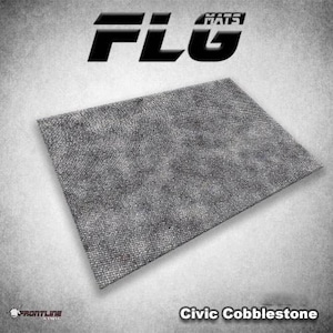 May include: A gray, textured, rectangular gaming mat with the text "FLG MATS" in black. The mat is called "Civic Cobblestone".