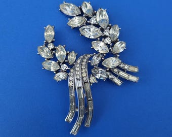 Trifari Silver Tone White Rhinestone Brooch