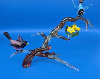 Murano Blown Glass Birds and Flowers on Branch