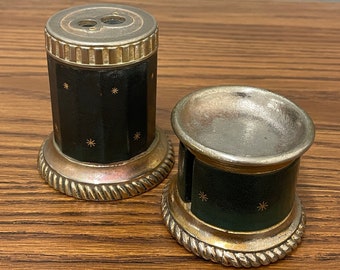 Old Crest Brass and Leather Pencil Sharpener and Stamp Dispenser Desk Set