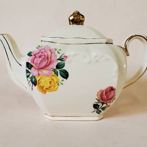 Sadler England Mini Cube Teapot with Pink and Yellow Roses