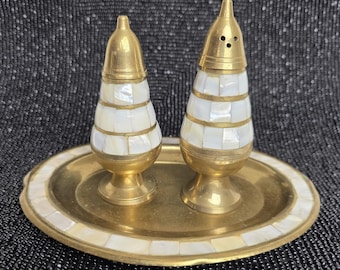 Vintage Hand Wrought Brass and Mother of Pearl Inlay Salt Pepper tray