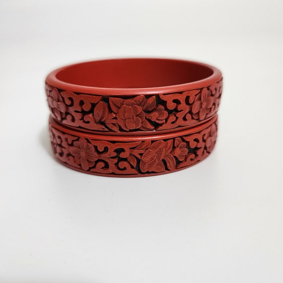 Chinese Wood Carved red Cinnabar Bangle Bracelet … - image 2